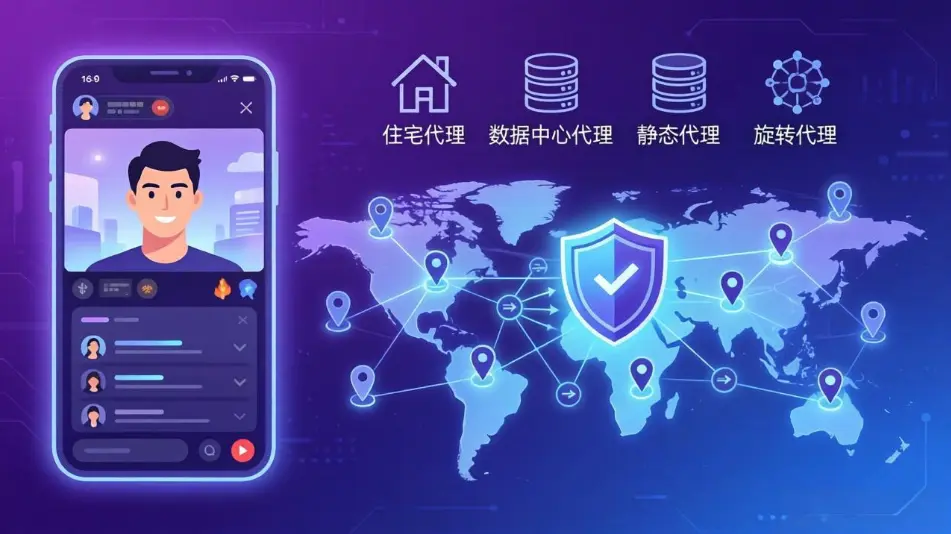 Twitch 海外代理IP选购主题图，展示直播场景、地区节点和代理类型选择